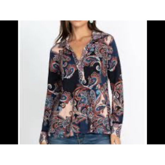 Johnny Was Polo Top Size 2X Fall Paisley Long Sleeve Swing V-Neck Colorful Boho - Picture 1 of 8
